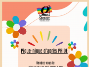 Pique-nique after Pride • dimanche 31 mai Affiche colorée de l'association Quazar, Centre LGBTI+ d'Angers et du Maine-et-Loire. On peut lire : « Pique-nique d'après PRIDE – Rendez-vous le dimanche 31 mai 2026 à 12h, Jardin des Plantes, Angers ». L'affiche est ornée de fleurs multicolores aux couleurs arc-en-ciel, de confettis et d'une illustration de trois jeunes personnes assises par terre en train de manger et jouer aux cartes. Le compte Instagram @quazarangers y est mentionné.