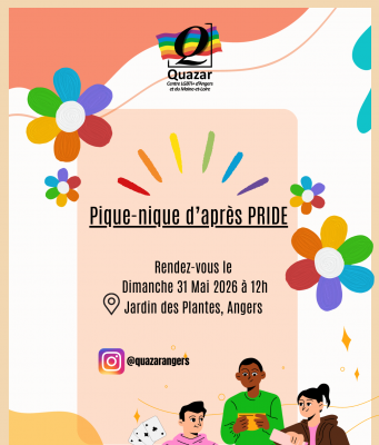 Pique-nique after Pride • dimanche 31 mai Affiche colorée de l'association Quazar, Centre LGBTI+ d'Angers et du Maine-et-Loire. On peut lire : « Pique-nique d'après PRIDE – Rendez-vous le dimanche 31 mai 2026 à 12h, Jardin des Plantes, Angers ». L'affiche est ornée de fleurs multicolores aux couleurs arc-en-ciel, de confettis et d'une illustration de trois jeunes personnes assises par terre en train de manger et jouer aux cartes. Le compte Instagram @quazarangers y est mentionné.
