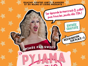 Drag Race Viewing Party • mercredi 8 juillet Affiche orange à étoiles dorées annonçant la Pyjama Viewing Party de Drag Race France, organisée par Quazar, Centre LGBTI+ d'Angers et du Maine-et-Loire. Au centre, une drag queen aux cheveux blonds bouclés, en robe rouge, riant et tenant ses chaussures à talons dans chaque main. Texte : 1er épisode le mercredi 8 juillet puis tous les jeudis dès 19h, entrée gratuite, restauration sur place, animée par Sweet. Adresse : 15 rue de Jérusalem, 49100 Angers. Logo Quazar en bas à gauche.